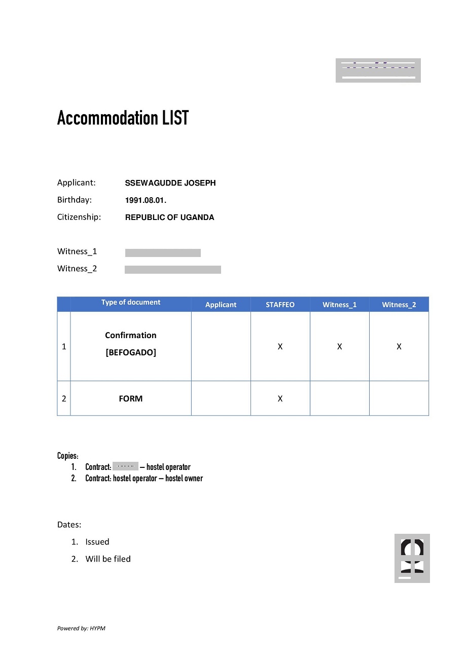 Accomodation letter for work visa to Hungary