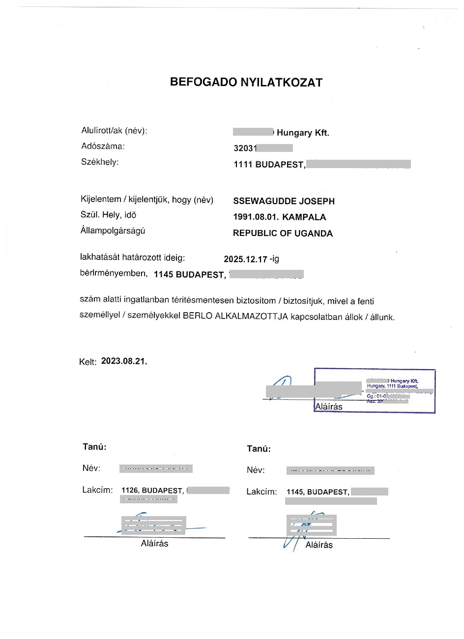 Accomodation letter for work visa to Hungary