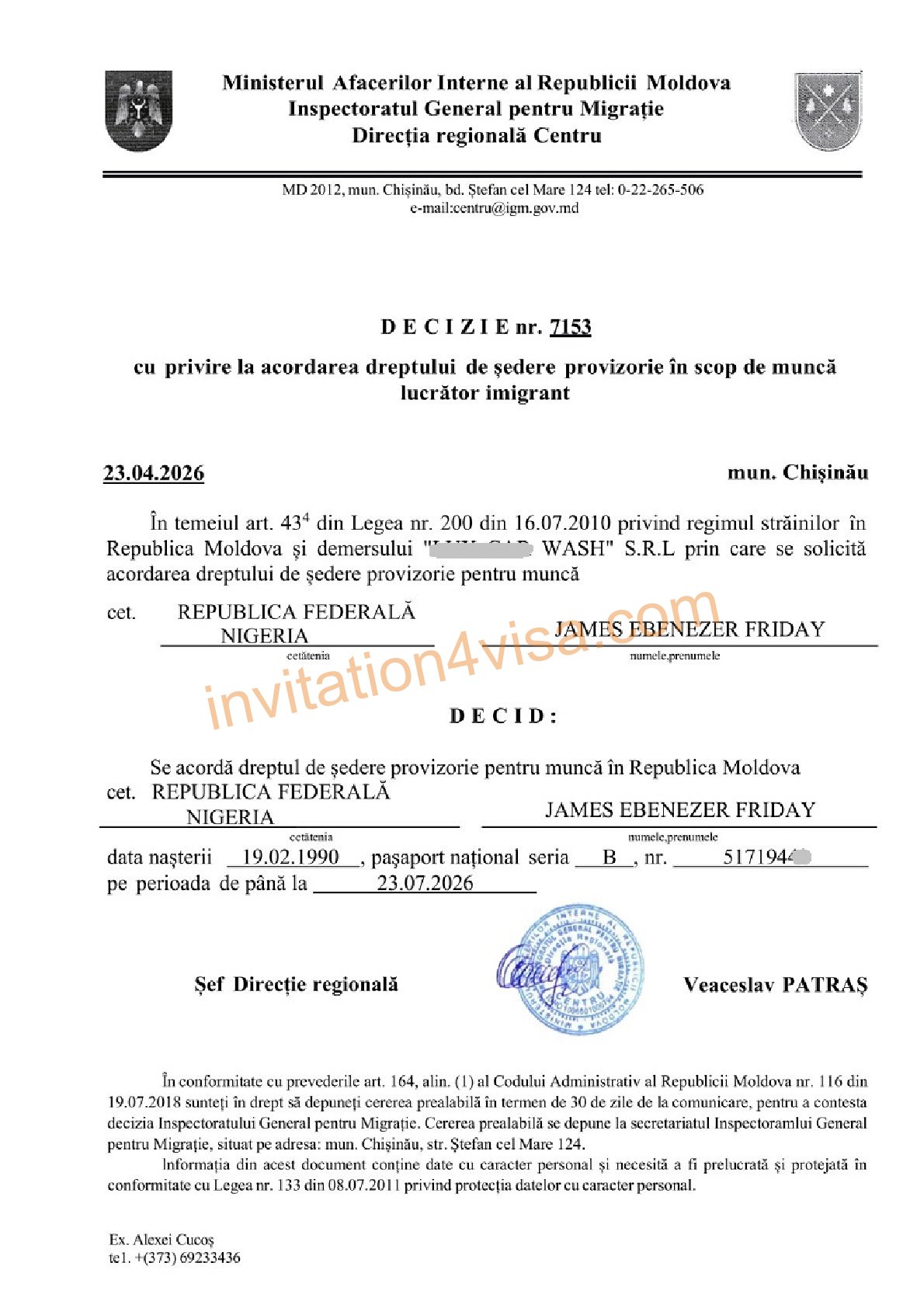 Approval from the Moldovan Immigration Authorities