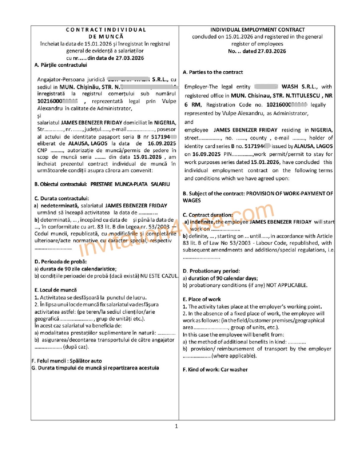Employment Contract from a Moldovan Employer
