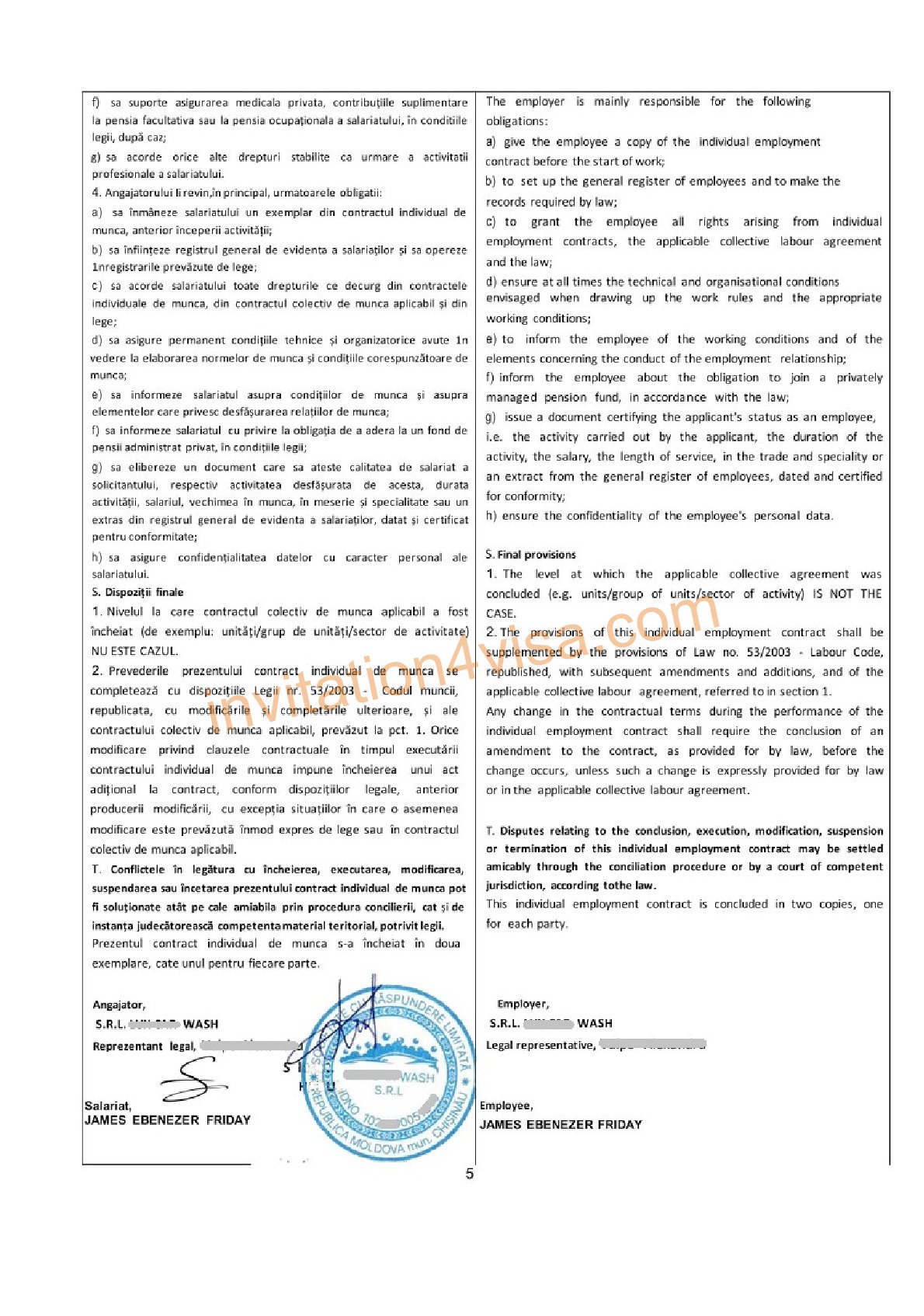  Employment Contract from a Moldovan Employer