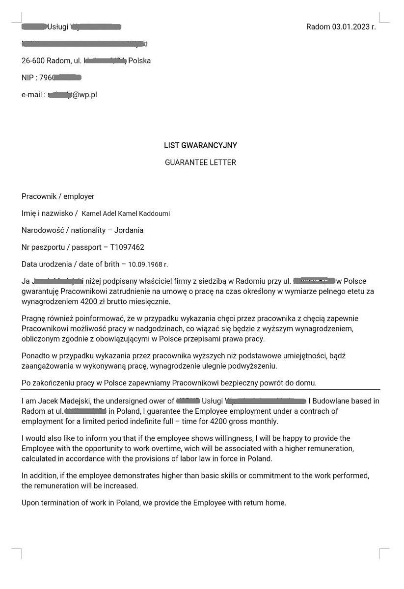 Guarantee letter Poland