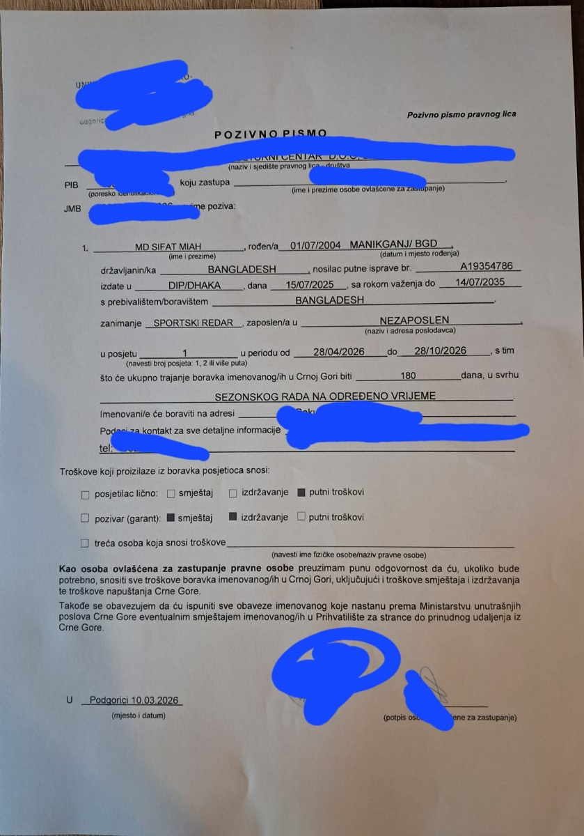 Seasonal work permit to Montenegro