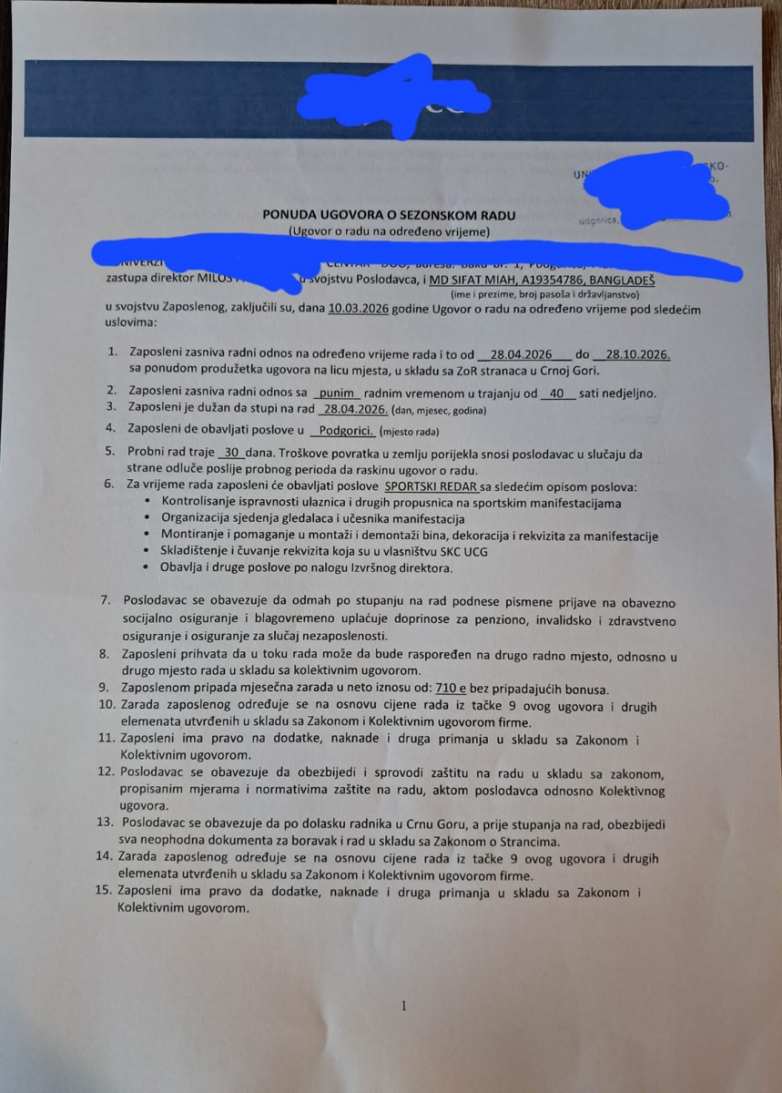 Seasonal work permit to Montenegro